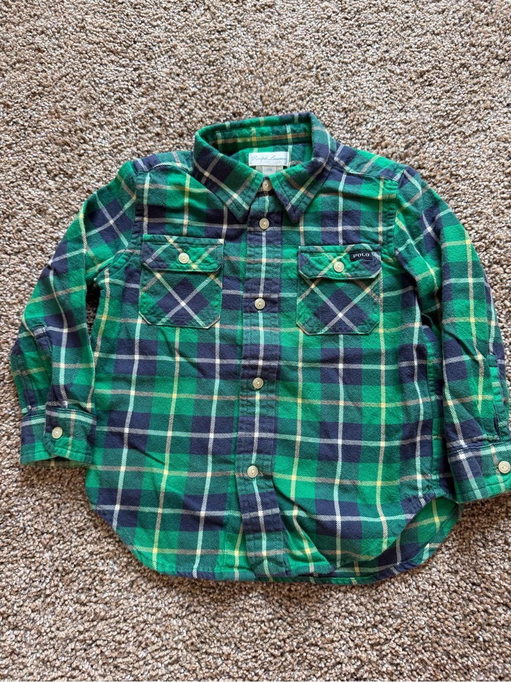 POLO RALPH LAUREN Green & Navy Blue Plaid Flannel Button Front Long Sleeve